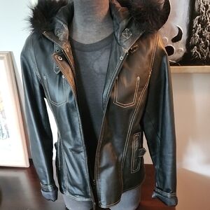 Black Faux Fur Trim Leather Jacket